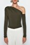 Khaki Asymmetric Collar Long Sleeve Stretch Snap Knitted Body TWOAW22BD0080 - 5