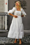 White Square Neck Balloon Sleeve Solid Color Embroidered Woven Dress - 5