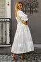 White Square Neck Balloon Sleeve Solid Color Embroidered Woven Dress - 2