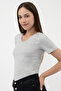 Women's Gray Cotton V-Neck Short Sleeve Blouse - 6
