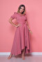 Dusty Rose Asymmetric Cut Double-Breasted Collar Short Sleeve Woven Drapey Fabric Dress - 4