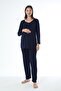 Navy Blue Maternity Long Sleeve Maternity Pajamas Set with Dressing Gown - 5