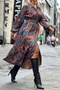 Women's Printed Suede Fabric Long Sleeve Midi Length Belt Detailed Oversize Suede Molding Shirt Dress 6003