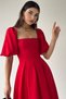 Women's Atlas Fabric Short Balloon Sleeve Strapless Collar Pleated Flared Cut Midi Length Red Dress 167 - 4