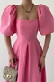Women's Atlas Fabric Short Balloon Sleeve Strapless Collar Pleated Flared Cut Midi Length Pink Dress 167 - 6