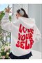 Women's White Love Yourself Printed Oversize Hooded Sweatshirt - 3