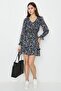 Women's Navy Blue V-Neck Ruffle and Gipe Detailed Chiffon Dress