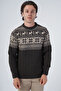 Brown Men's Hair Braided Jacquard Deer Patterned Crew Neck Knitwear Wool Sweater