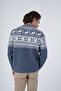 Indigo Men's Hair Braided Jacquard Deer Patterned Crew Neck Knitwear Wool Sweater - 3