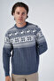 Indigo Men's Hair Braided Jacquard Deer Patterned Crew Neck Knitwear Wool Sweater