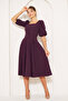 Square Neck Short Balloon Sleeve Sleeves Elastic Woven Draped Fabric Midi Length Dress - 3