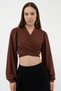 Women's Brown Waist Tied Balloon Sleeve Crop Blouse - 5
