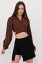 Women's Brown Waist Tied Balloon Sleeve Crop Blouse