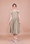Oil Green Midi Length Strap Off-Shoulder Detail Pleated Dress