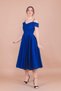 Sax Blue Midi Length Strap Off-Shoulder Detail Pleated Dress - 6