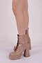 Front Laced Round Toe Heeled Women's Boots Beige Snake Senyora 311093285 - 5