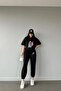 Women's Black Cute Cat Bottom Top Jogger And Oversize Tshirt Tracksuit Set - 4