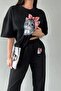 Women's Black Cute Cat Bottom Top Jogger And Oversize Tshirt Tracksuit Set