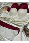 WOMEN'S SUPPORTED UNDERWIRING Claret Red Ecru Plain Color 2-Piece Bra Set with LACE - 3