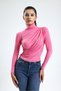 women's pink turtleneck long sleeve crisscross smocking detailed blouse - 6