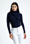 women's navy blue turtleneck long sleeve cross gather detail blouse - 4