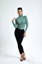 women's mint green turtleneck long sleeve criss-cross smocking detailed blouse - 4