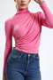 women's pink turtleneck long sleeve crisscross smocking detailed blouse - 4