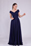 Navy Blue Maxi Length Boat Neck Draped Woven Fabric Flared Evening Dress - 3