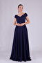 Navy Blue Maxi Length Boat Neck Draped Woven Fabric Flared Evening Dress
