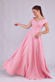 Powder Maxi Length Boat Neck Draped Woven Fabric Flared Evening Dress - 5
