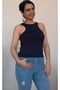 Navy blue cut out front and back window detailed combed cotton Viscose T-Shirt - 5