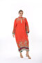 WOMEN'S LARGE SIZE WOVEN VISKOSE ORANGE FLOWER PATTERNED DOMINANT COLLAR DRESS - 5