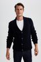 Navy Blue Standard Fit Shawl Collar Knitted Detailed Buttoned Knitwear Cardigan X7969Az23Au - 3