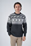 Anthracite Men's Hair Braided Jacquard Deer Patterned Crew Neck Knitwear Wool Sweater