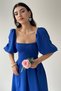 Atlas Fabric Strapless Collar Pleated Flared Cut Midi Length Short Balloon Sleeve Cobalt Blue Evening Dress 167 - 8