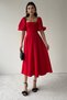Atlas Fabric Strapless Collar Pleated Flared Cut Midi Length Short Balloon Sleeve Red Evening Dress 167 - 8