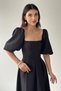 Atlas Fabric Strapless Collar Pleated Flared Cut Midi Length Short Balloon Sleeve Black Evening Dress 167 - 8