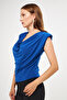 Women's Flexible Sandy Fabric Shoulders Padded Collar Cobalt Blue Blouse 1009 - 8