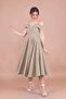 Oil Green Midi Length Strap Off-Shoulder Detail Pleated Dress - 4
