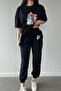 Women's Black Cute Cat Bottom Top Jogger And Oversize Tshirt Tracksuit Set - 2