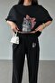 Women's Black Cute Cat Bottom Top Jogger And Oversize Tshirt Tracksuit Set - 5