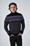 Black-Anthracite Men's Hair Braided Jacquard Patterned Turtleneck Knitwear Wool Sweater - 5