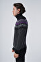 Black-Anthracite Men's Hair Braided Jacquard Patterned Turtleneck Knitwear Wool Sweater - 2