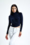 women's navy blue turtleneck long sleeve cross gather detail blouse - 5