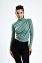 women's mint green turtleneck long sleeve criss-cross smocking detailed blouse - 5
