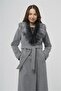Detachable Fur Belted Long Coat Gray 3804 - 2