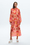 Tie-Up Long Sleeve Patterned Long Dress