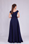Navy Blue Maxi Length Boat Neck Draped Woven Fabric Flared Evening Dress - 6
