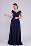 Navy Blue Maxi Length Boat Neck Draped Woven Fabric Flared Evening Dress - 4