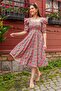 Flexible Crepe Fabric Short Sleeve Square Neck Midi Length Flared Cut Floral Dress 080
